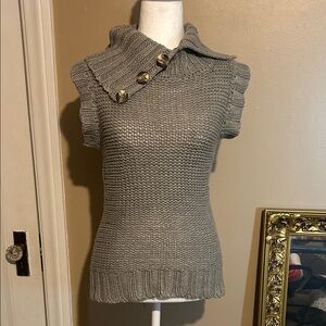 Y2K Poof Excellence Grey Cable Knit Button Cowl Sweater W/Cap Sleeve Size L